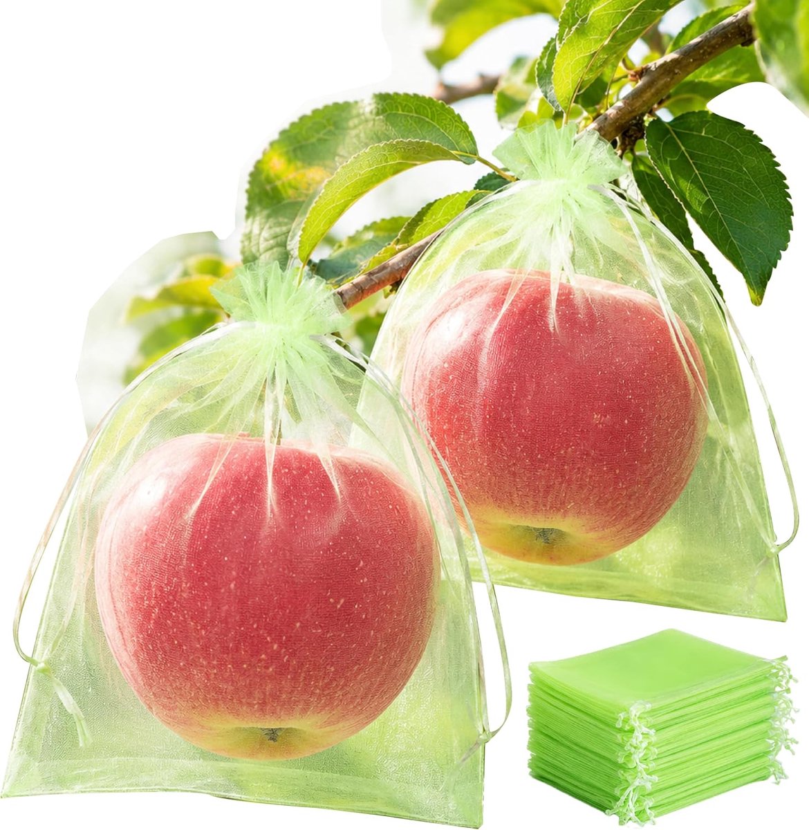 50 stuks fruitzakken, herbruikbare organzazakjes, groen, 15 x 20 cm, van gaas met trekkoord, voor groenten en fruit - ShopVlot