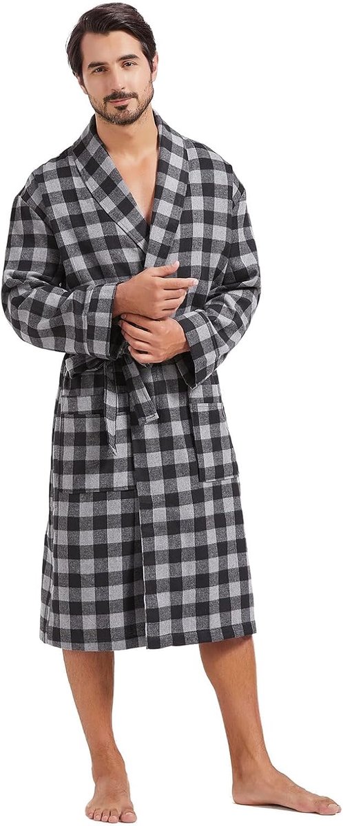 FashGudim Men's Buffalo Plaid Cotton Robe Lightweight Bathrobe Scarf Collar Kimono Sleepwear Loungewear Home Robes - ShopVlot