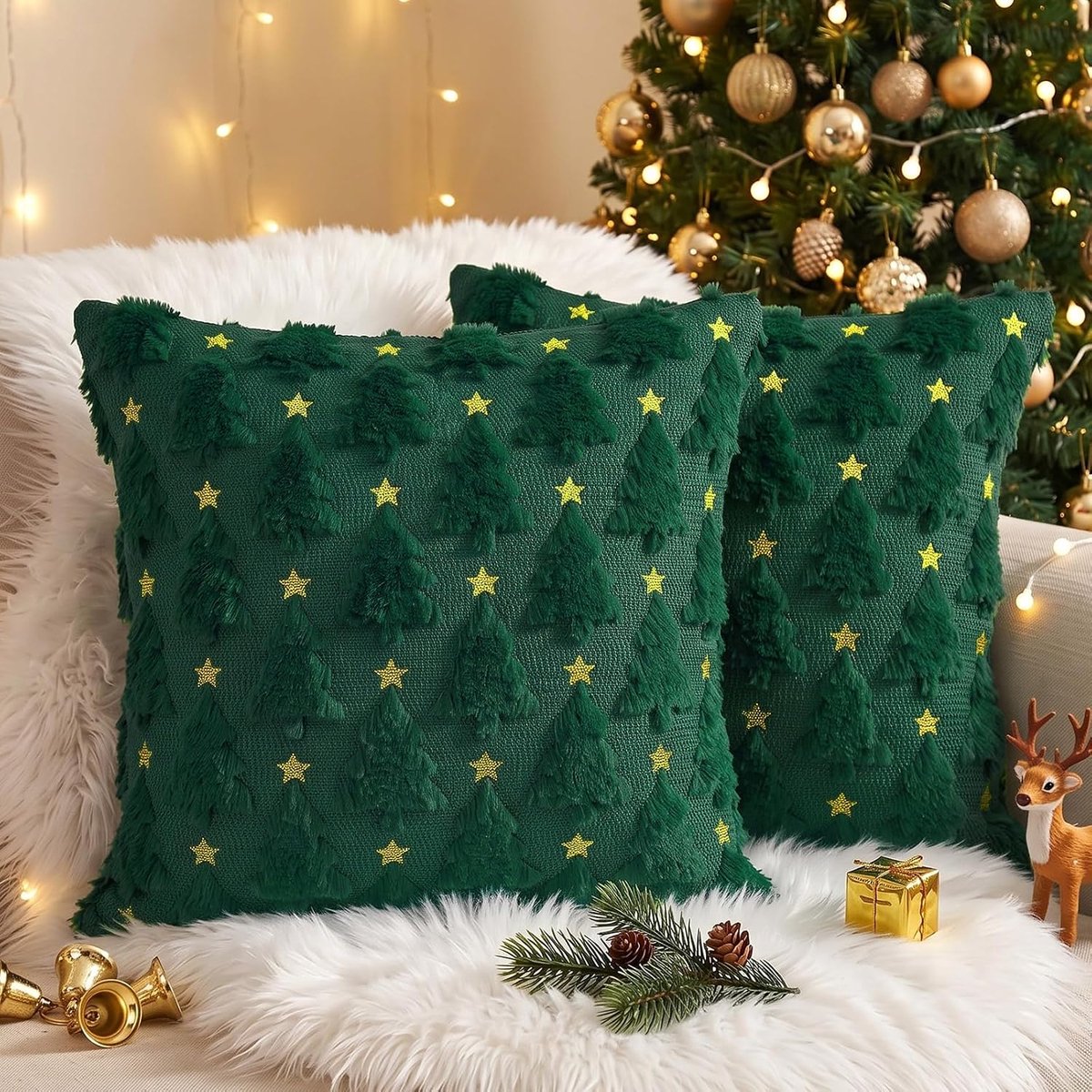 Kussensloop Kerstmis 45x45 Set2 boom ster groen - Pluche kussenslopen met ritssluiting, kerstdecoratie - ShopVlot