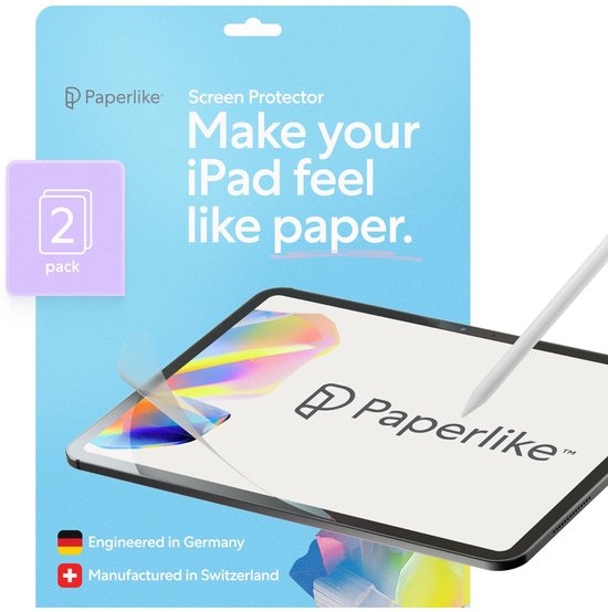 Protecteur d'écran Paperlike pour iPad, lot de 2, avec le texte 'Rendez votre iPad comme du papier.'. Fabriqué en Allemagne.