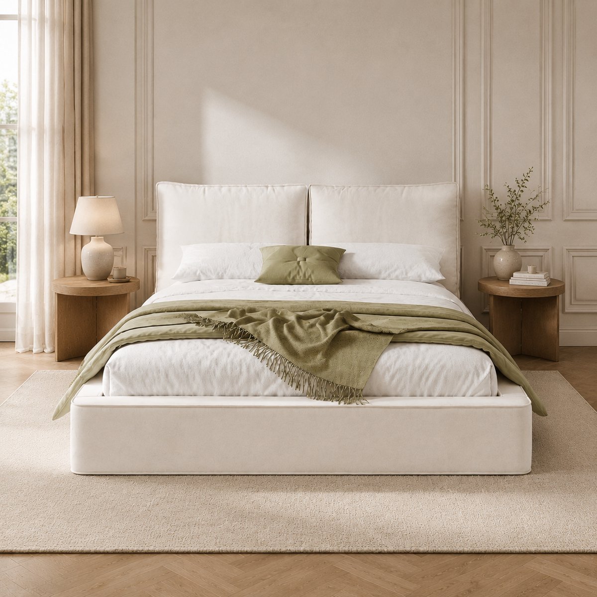VVBV Tweepersoonsbed 180x200 cm - Gestoffeerd Hoofdbord, Met Lattenbodem - Beige, Chenille