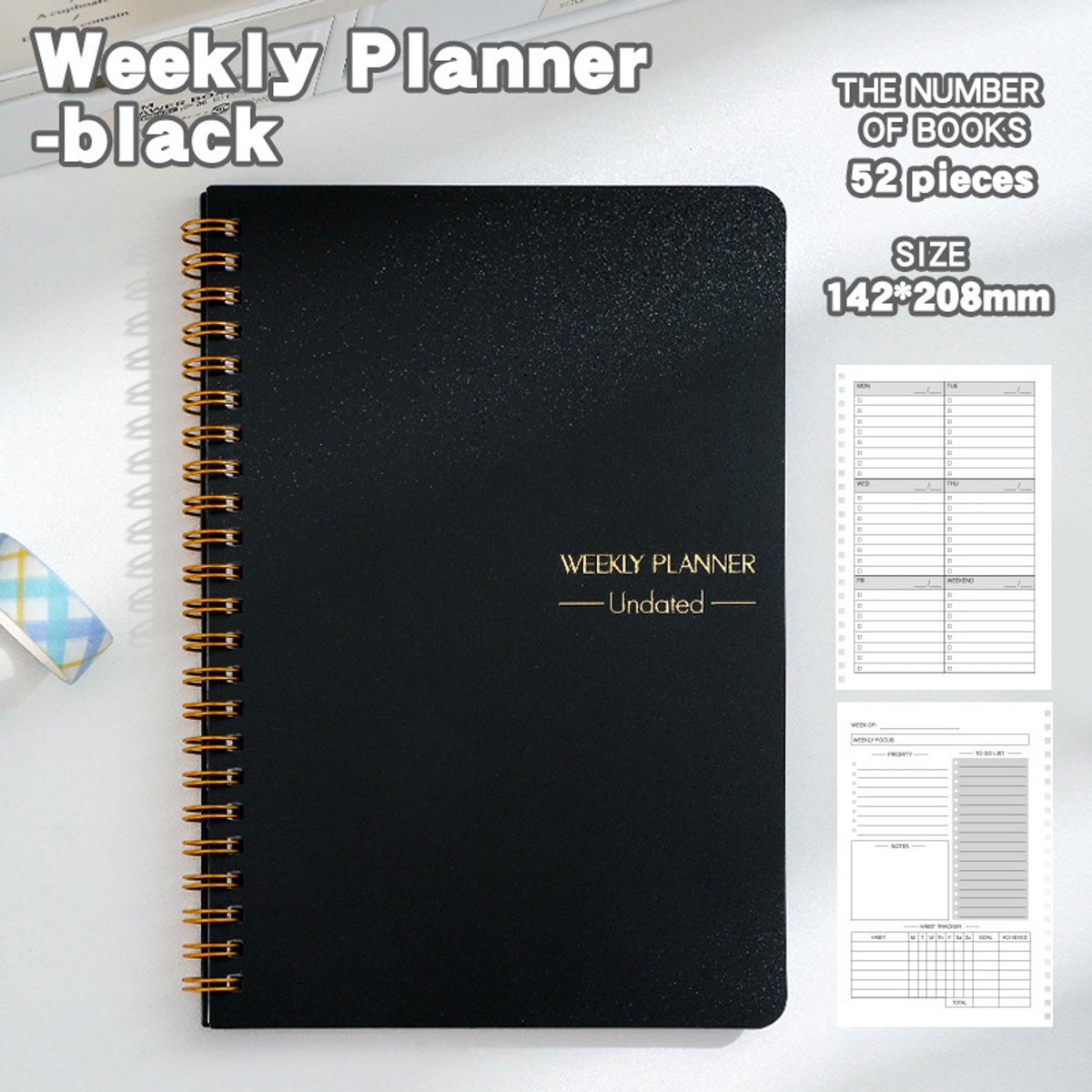 Weekplanner – 52 ongedateerde pagina's – To-dolijst – Taakbeheer – Afspraken plannen – Spiraalbinding – Dagplanning – 14,2 x 20,8 cm-Zwart