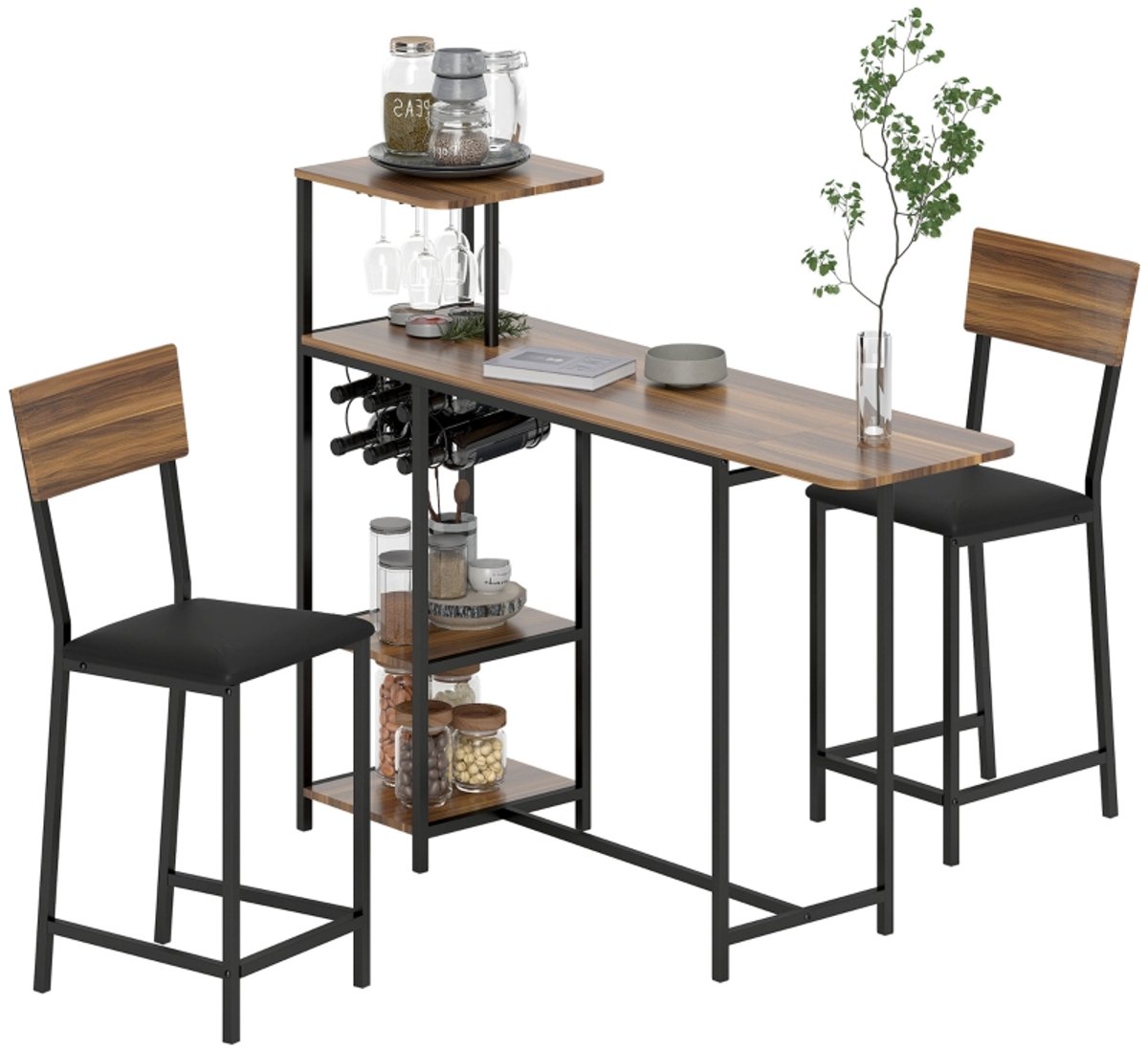 Clruro Bartafelset - 110-140 × 40 × 116 cm - met 2 Barkrukken en Wijnrek - MDF/Metaal - Bruin