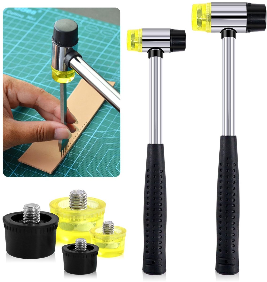 Dubbelzijdige zachte hamer met vervangende koppen - 25mm/35mm, ideaal voor leerbewerking, juwelen en vloeren