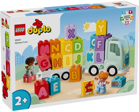 Doos van de LEGO DUPLO Alfabetvrachtwagen met speelgoedblokken, een vrachtwagen en twee kinderen.