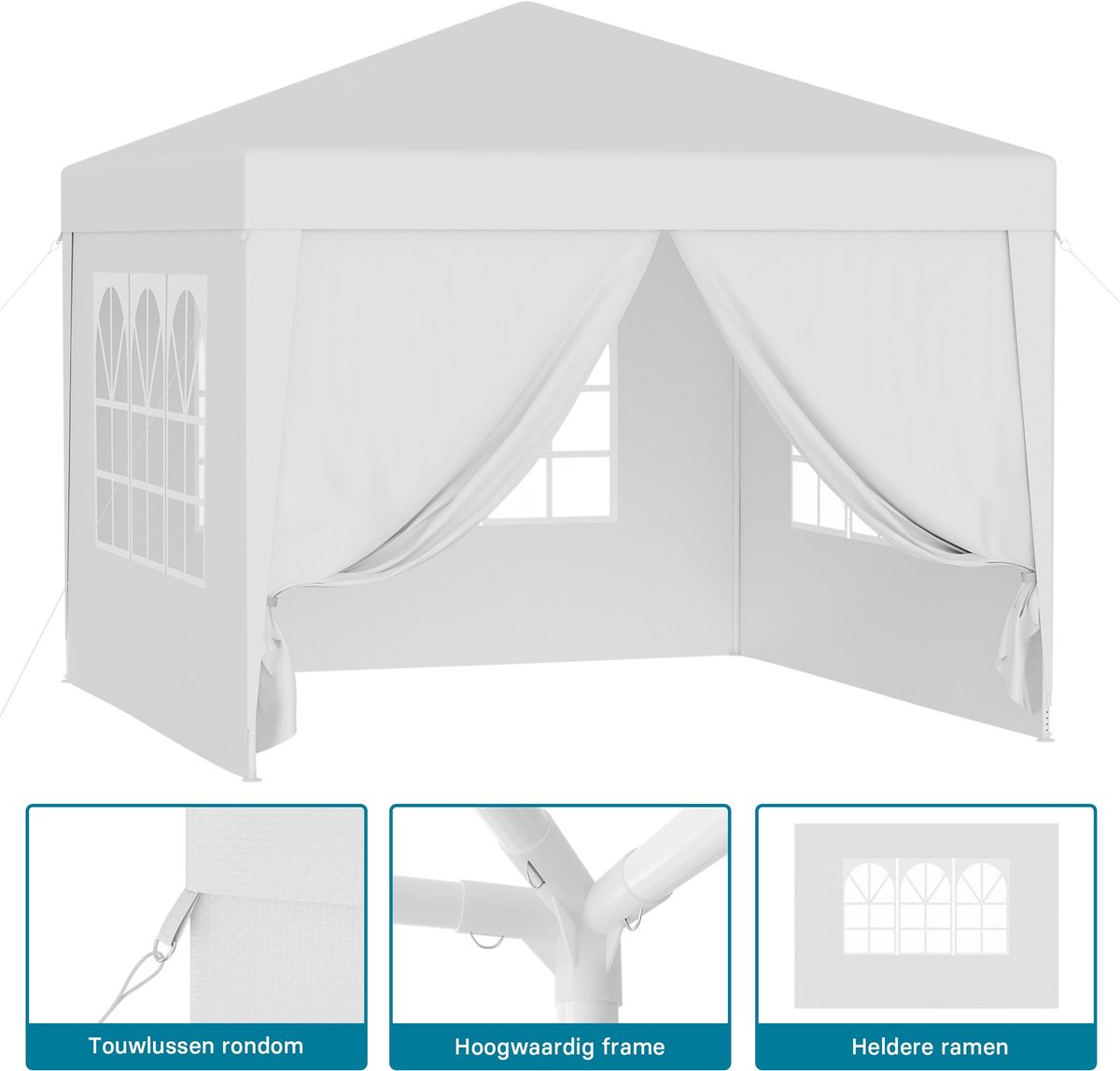 Partytent 3 x 3 m met UV-bescherming 50+ - Wit Tuinpaviljoen met Afneembare Zijwanden en Ramen - Feesttent voor Terras, Tuin, Festivals, Feesten en Buitenactiviteiten - Ruime Beschutting voor Evenementen en Bijeenkomsten