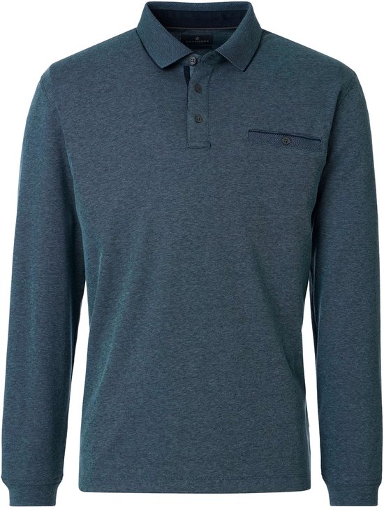 Turquoise Casa Moda polo met lange mouwen, kraag, borstzak en knoopsluiting.