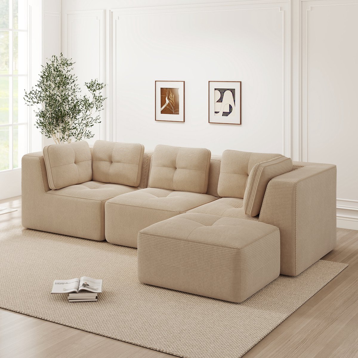 Modulaire Hoekbank - 3-Zits Lounge Sofa Met Voetenbank - Corduroy Bekleding - Frameloze Hoekbank - Diepe Zitbank - Beige