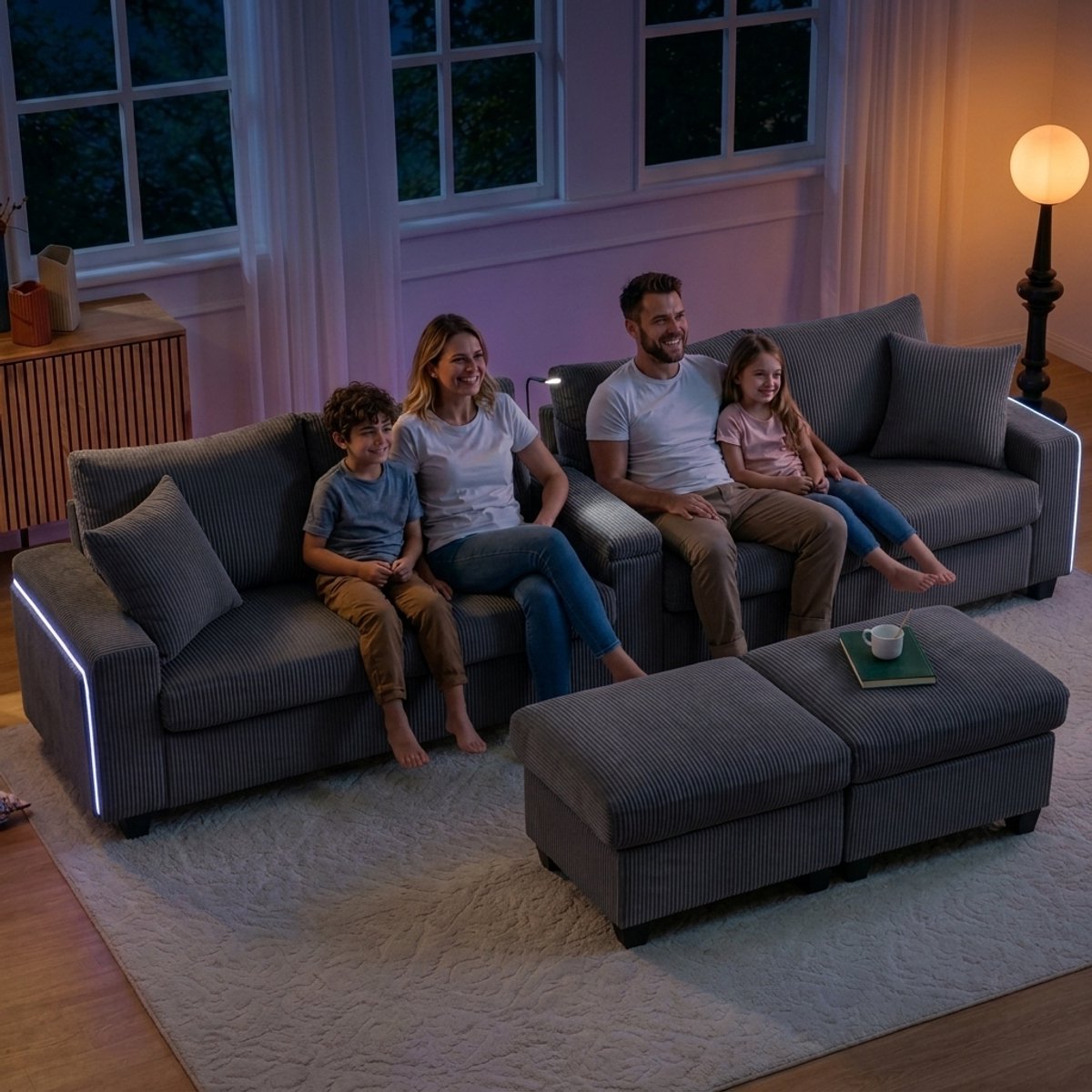 U Hoekbank - Ribstof 4 Zits Lounge Bank Met LED Verlichting - USB En Type-C Oplaadfunctie - Grote U Vormige Sofa Met 2 Hockers, Opbergruimte En Leeslamp - Moderne Bank Voor Woonkamer - Grijs