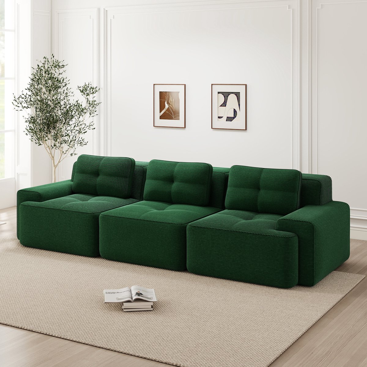 Modulaire Hoekbank - Cloud Bank 3 Zits Met Ribstof Bekleding - Frameloze Lounge Sofa Met Diepe Zit En 32D Schuimvulling - Grote Lage Bank Zonder Montage - Comfortabele Woonkamer Bank Voor Moderne Interieurs - Groen