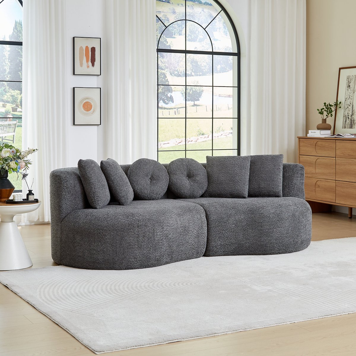 Modulaire 3-Zits Bank Chenille - Gebogen Cloud Sofa Zonder Armleuningen - Cashew Vorm Lounge Bank Met 6 Kussens - Zachte Comfortabele Bank Voor Woonkamer, Speelkamer En Moderne Interieurs - Antraciet