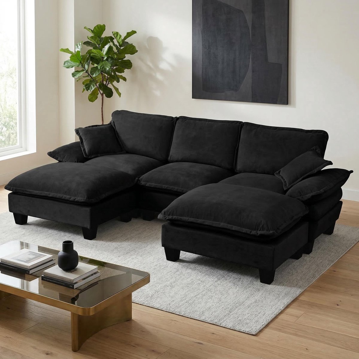U Bank - 5 Zits Modulaire Sofa Met 2 Voetenbanken - Zwarte Chenille Lounge Bank