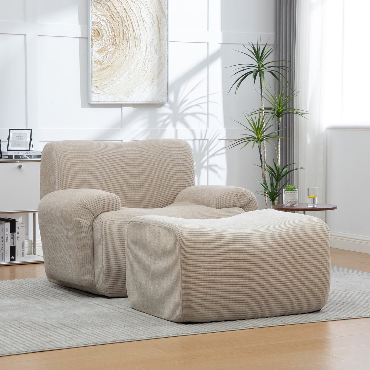 Lounge Fauteuil Met Voetenbank - 1-Zits Chenille Stoel Met 30D Schuimvulling - Zachte Relaxstoel Zonder Montage - Compacte Bank Voor Woonkamer En Kleine Ruimtes - Licht Khaki