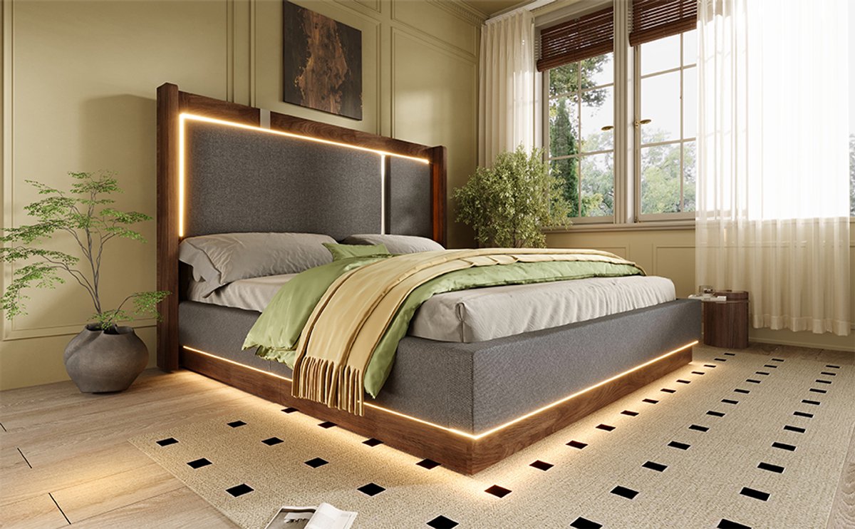 VVBV Tweepersoonsbed 140x200 cm - Hydraulische Opbergruimte, LED-Verlichting, Met Lattenbodem - Walnoot, Linnen