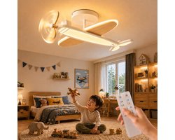 Epochglo LED Plafondlamp Kinderkamer - Vliegtuig Design (53cm) met Houten Propeller - Draaibare en Bewegende Propeller - 40W 3800LM - Dimbaar (3000K-6000K) - Afstandsbediening, Nachtlampje & Timer - Modern Verlichting voor Kinderkamer & Babykamer