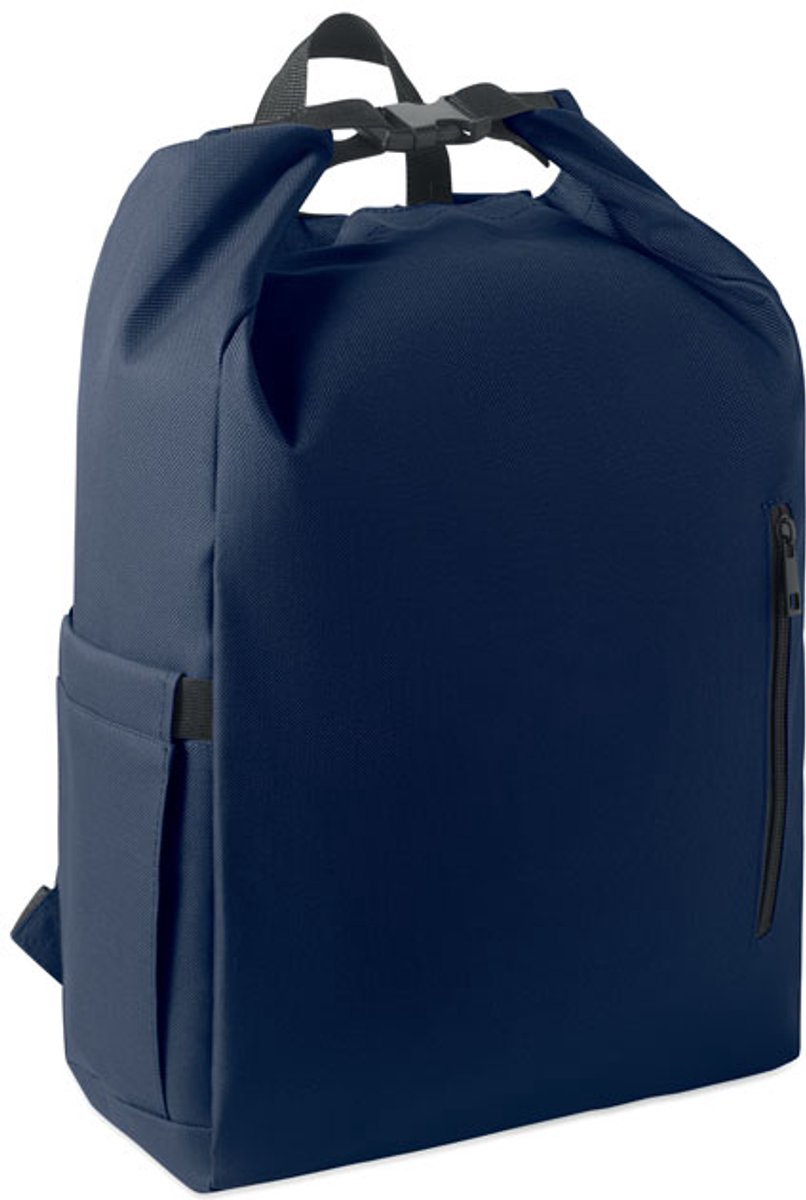 Rolltop 15-inch laptoprugzak van 600D RPET polyester met 210D RPET gewatteerde voering. Voorzien van een voorvak met rits, elastisch zijvak en verstelbare schouderbanden. Navy Blue