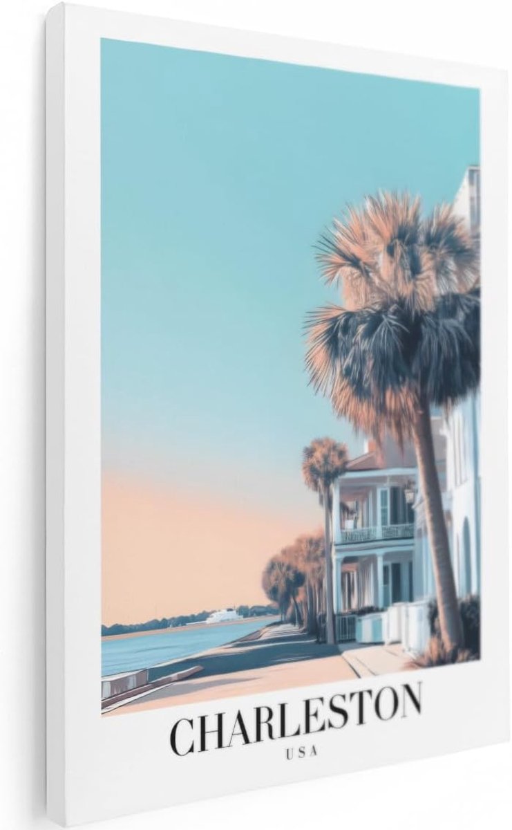 Artaza Canvas Schilderij Waterpromenade Charleston - 30x40 cm - Klein - Wanddecoratie Stad - Muurdecoratie Zee - ShopVlot