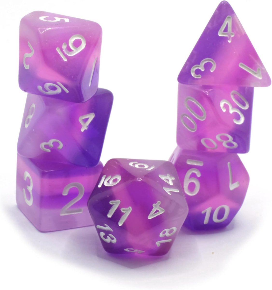 Purple Gaze - Polyset Dice - Polydice - Purple Glitters and White - Dice Set Of 7 Pieces - ShopVlot