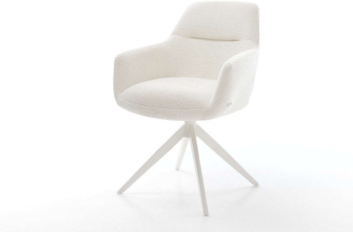 Eetkamerstoel Pejo-Flex kruisframe breed wit bouclé zacht beige 360° draaibaar rocker-functie pocketveer kern