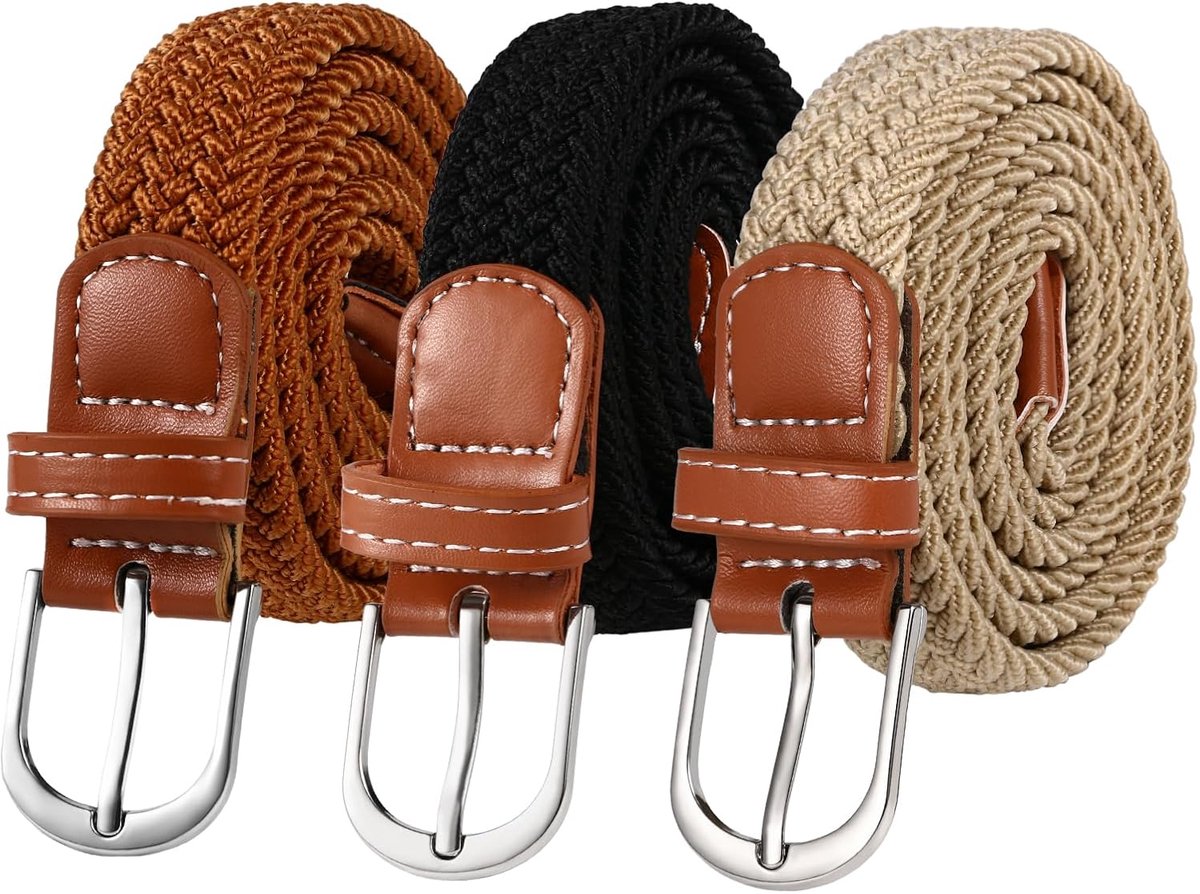JewelryWe 3 Pack Woven Belts - Stretchy Braided Leather Belts No Hole Adjustable Waistband for Women and Men - ShopVlot