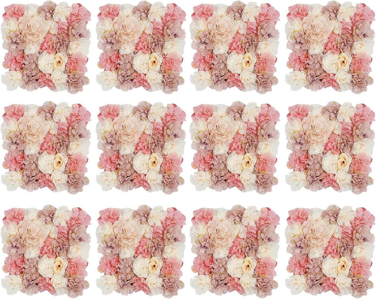 Bloemenwand achtergrond, 12 stuks kunstbloemenwand, 38 × 38 m, kunstzinnig vormgegeven bloemenwandpanelen voor - ShopVlot