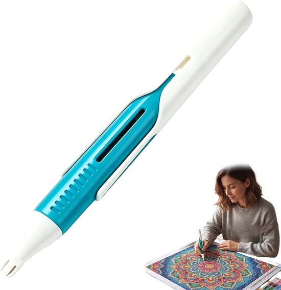 Stylo de peinture diamant bleu et blanc, debout avec une femme faisant de la peinture diamant en arrière-plan.