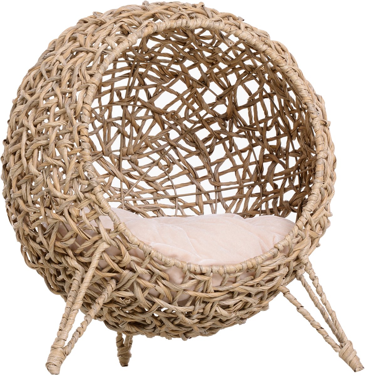 Kattenbed - verhoogd bed - kattenmand - groot comfort - Ø 52 x 58H cm - zacht kussen - resin in rietlook - beige