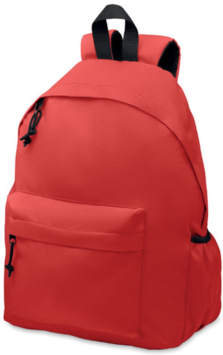 Rugzak in 600D RPET polyester met buitenvak met rits. Gewatteerde rug en een flessencompartiment aan de zijkant. Rood