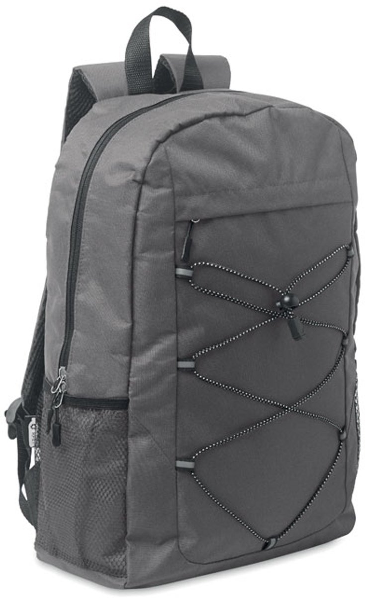 Rugzak van 600D RPET polyester met decoratief koord en ritsvak aan de voorkant. Meshzakken aan beide kanten. Steen Grijs
