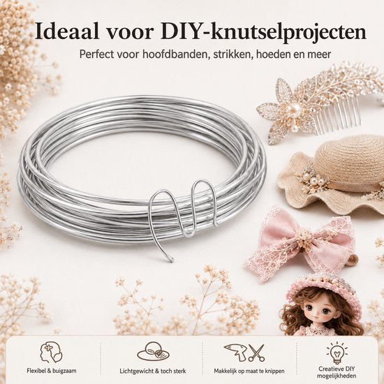 Zilverkleurig aluminiumdraad, perfect voor DIY-projecten zoals hoofdtooien en hoeden.