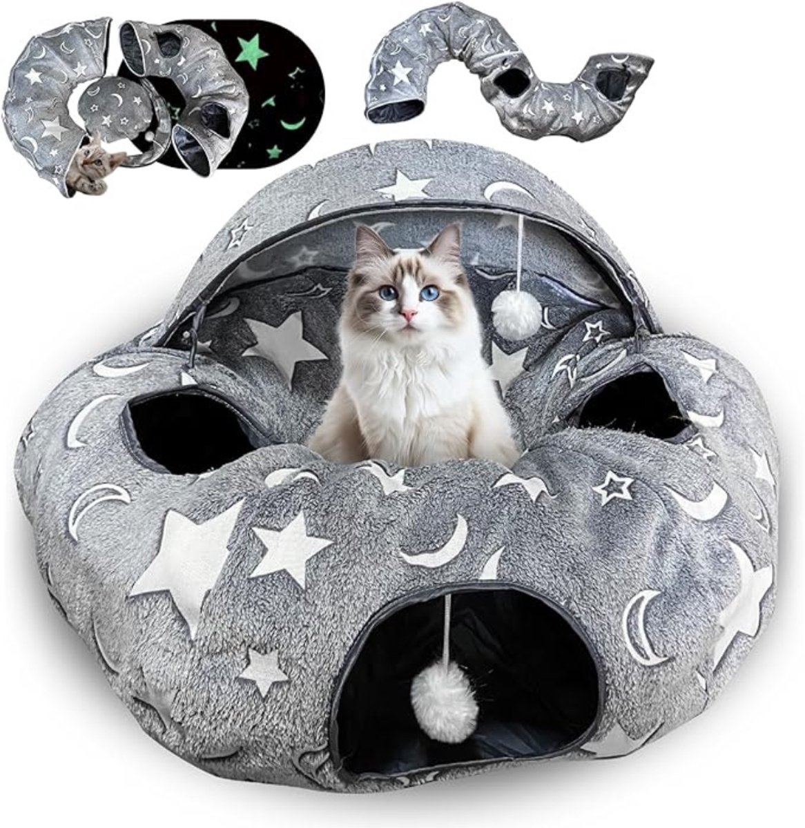 Verte Kattentunnel met Kattenmand - Kattenmand met Verlichting - XXL Pluche Kattentunnel met Bal - Grote Rammelaar-Tunnel - Kattenmand - Kattenspeelgoed voor Katten - Konijnen en Puppy's