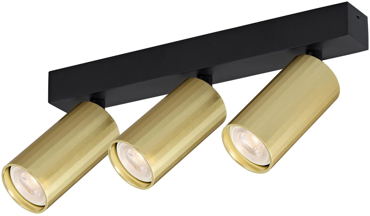 Oryx spotbalk met 3 lichtpunten, MR11-fitting, zwarte basis met gouden cilinderkappen, dimbaar, lichtbron niet inbegrepen.