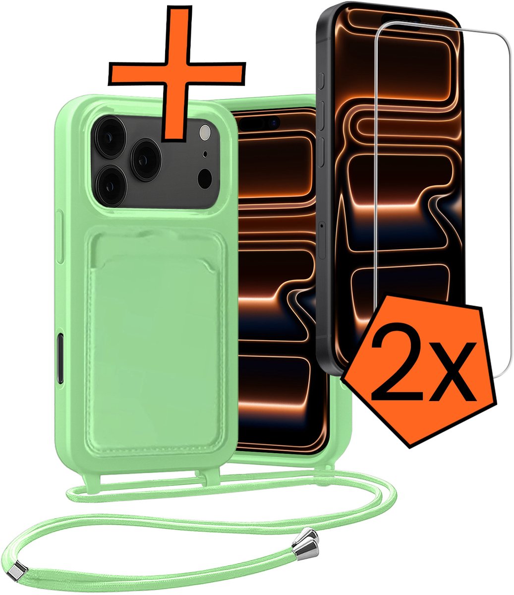 Hoesje Geschikt voor iPhone 18 Pro Max Hoes Met Telefoonketting Met 2x Screenprotector - Backcover Geschikt voor iPhone 18 Pro Max Case Met Koord - Groen