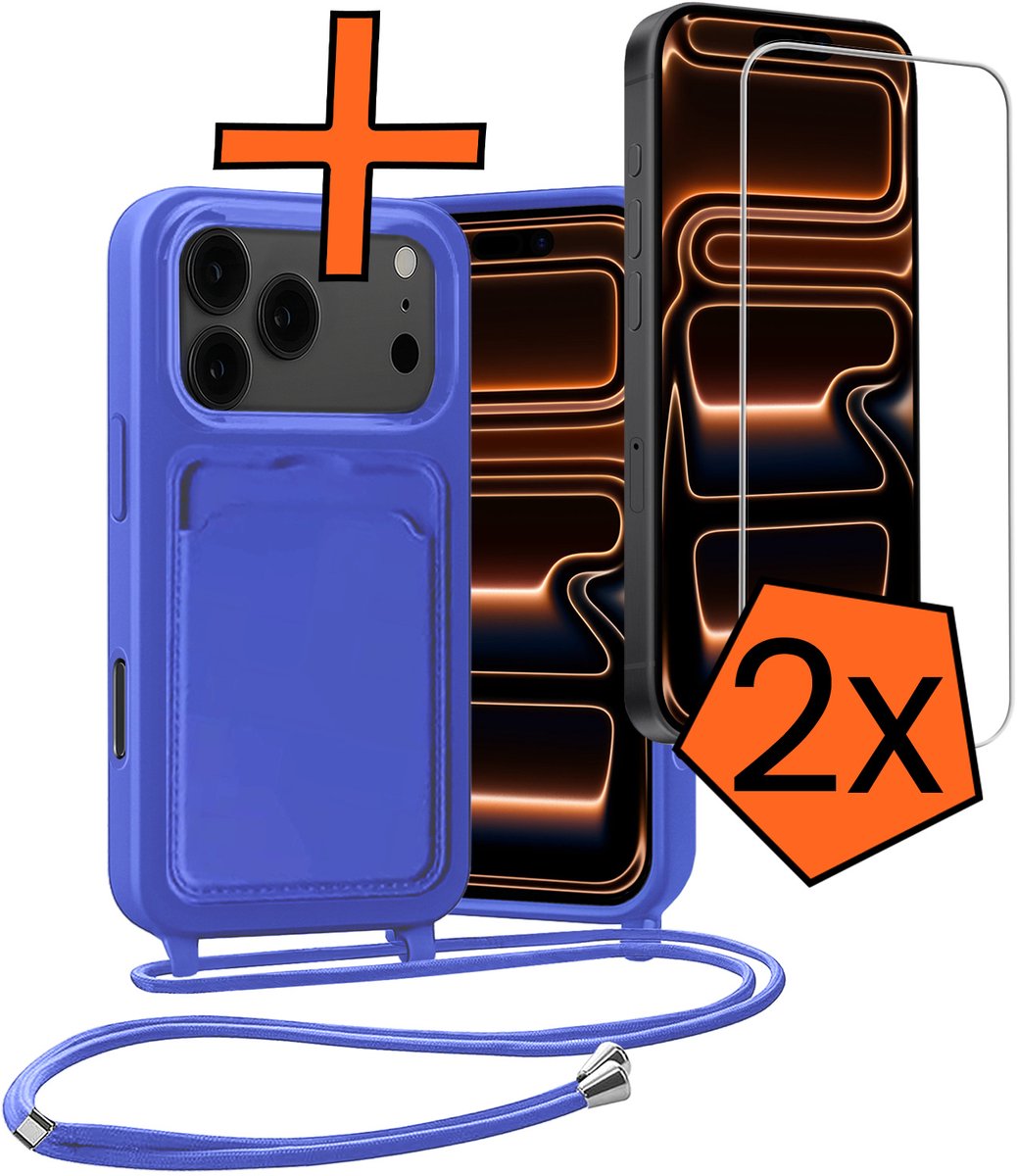Hoesje Geschikt voor iPhone 18 Pro Max Hoes Met Telefoonketting Met 2x Screenprotector - Backcover Geschikt voor iPhone 18 Pro Max Case Met Koord - Felblauw