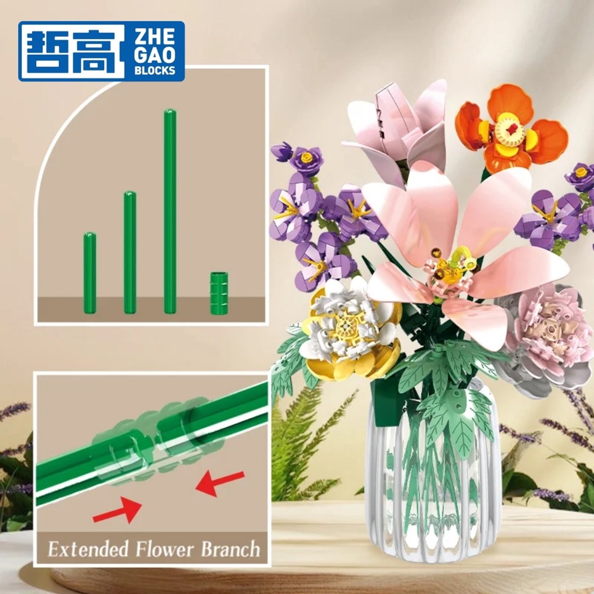Zhe Gao 11120 Zomer bloemen boeket bouwset | Botanical Flowers Collection modelbouw | Classic Creator STEM speelgoed bouwpakket voor volwassenen en kinderen | Educatief decoratie Kunstbloemen niet geschikt voor Lego | bouwdoos met 563 bouwstenen — afbeelding 6