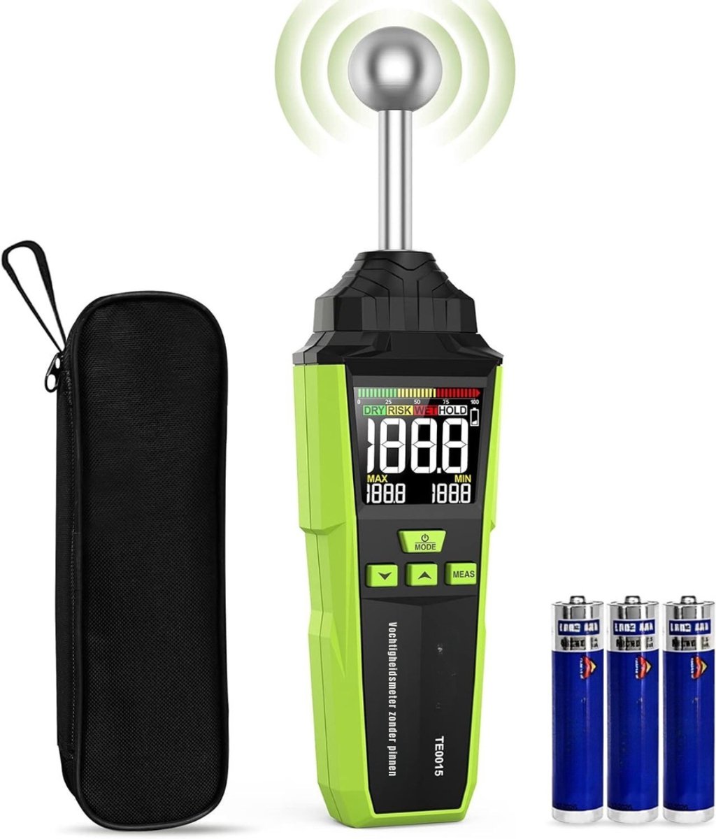 QUOVO® Vochtmeter Muren - Vochtmeter - Vochtmeter Hout Met Opbergzakje - Vochtmeters Inclusief Temperatuurmeter - Accuraat – Pleisterwerken - Inclusief Batterijen - Groen - ‎5cm x 3cm x 20cm