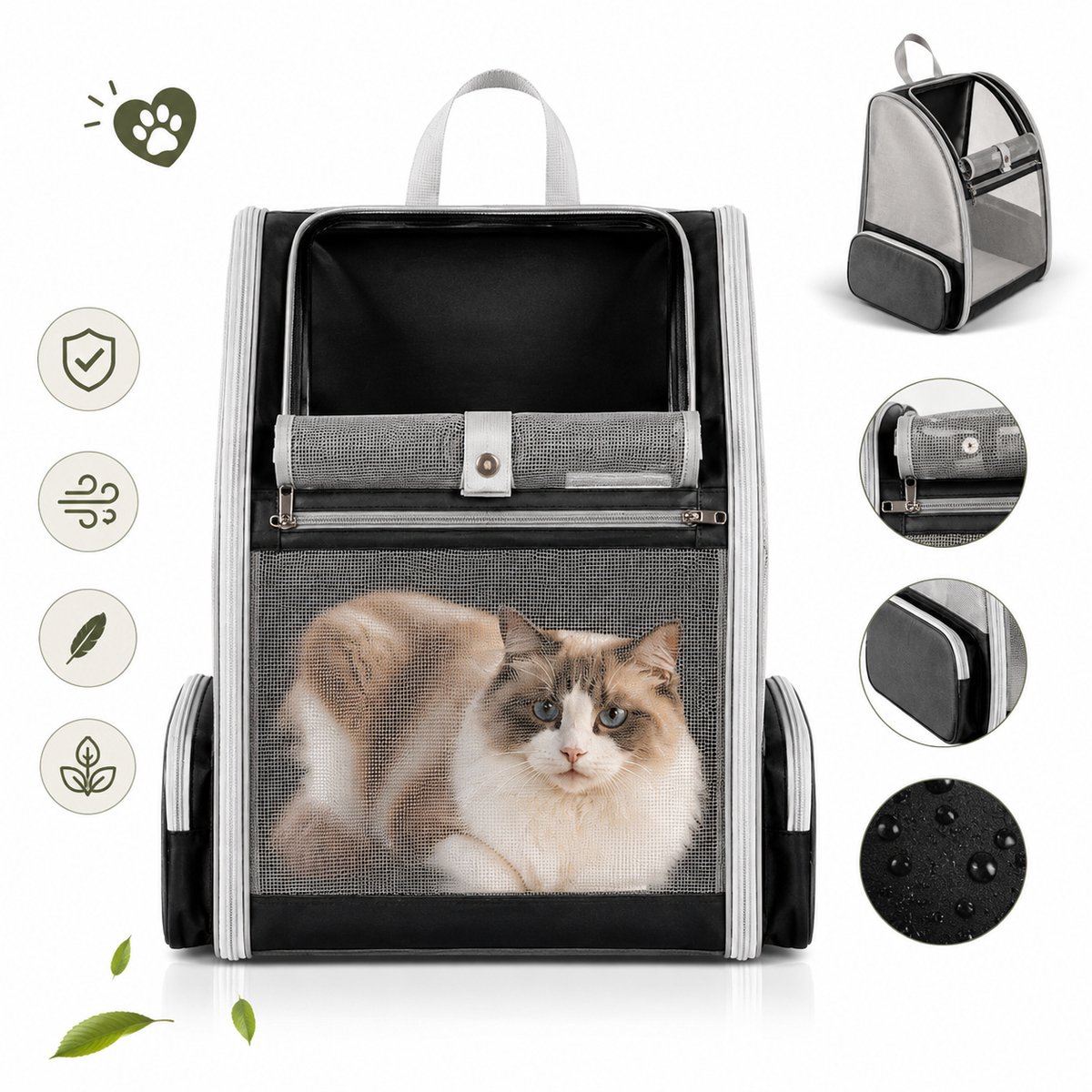 Jurrys Rugzak - Draagbare reistas voor huisdier - Rugtas kat en hond - Ergonomisch - Ademend - Met opbergzakjes - 28x33x40cm - Zwart