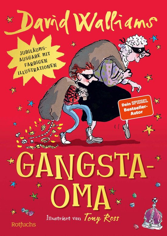 Boekcover van 'Gangsta Oma' met een jongen in een gestreepte trui en blauwe broek, met een tas over zijn schouder, die wegrent van een vrouw in een zwart jurkje en een bril. Tekst in het geel: 'JUBILÄUMS-AUSGABE MIT FARBIGEN ILLUSTRATIONEN'. Tekst in het rood: 'Dein SPIEGEL Bestseller-Autor'. Titel: 'GANGSTA OMA'.