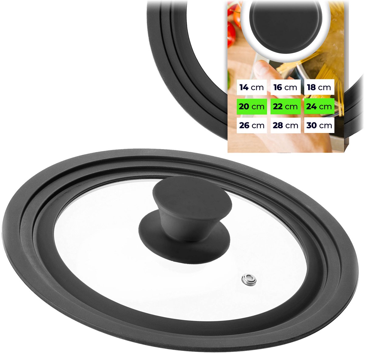 KADAX universele deksel 20/22/24 cm, universele deksel voor potten en pannen, pannendeksel, glazen deksel met siliconenrand en stoomopening, potdeksel (matzwart)