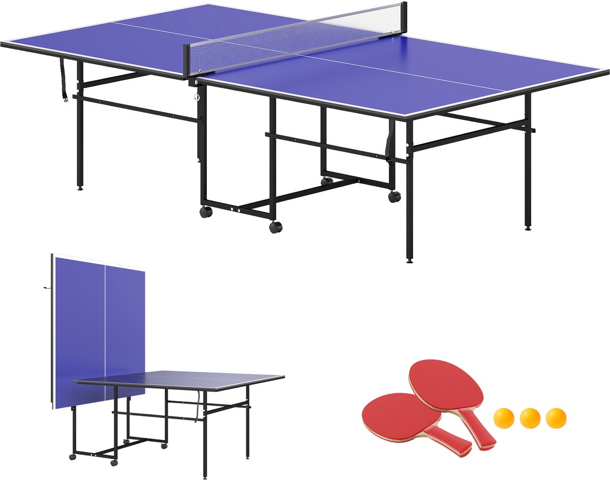 Tafeltennistafel - opvouwbaar - draagbaar - 2 rackets - 3 ballen - metalen frame - 274x152 - 5x76 cm - blauw