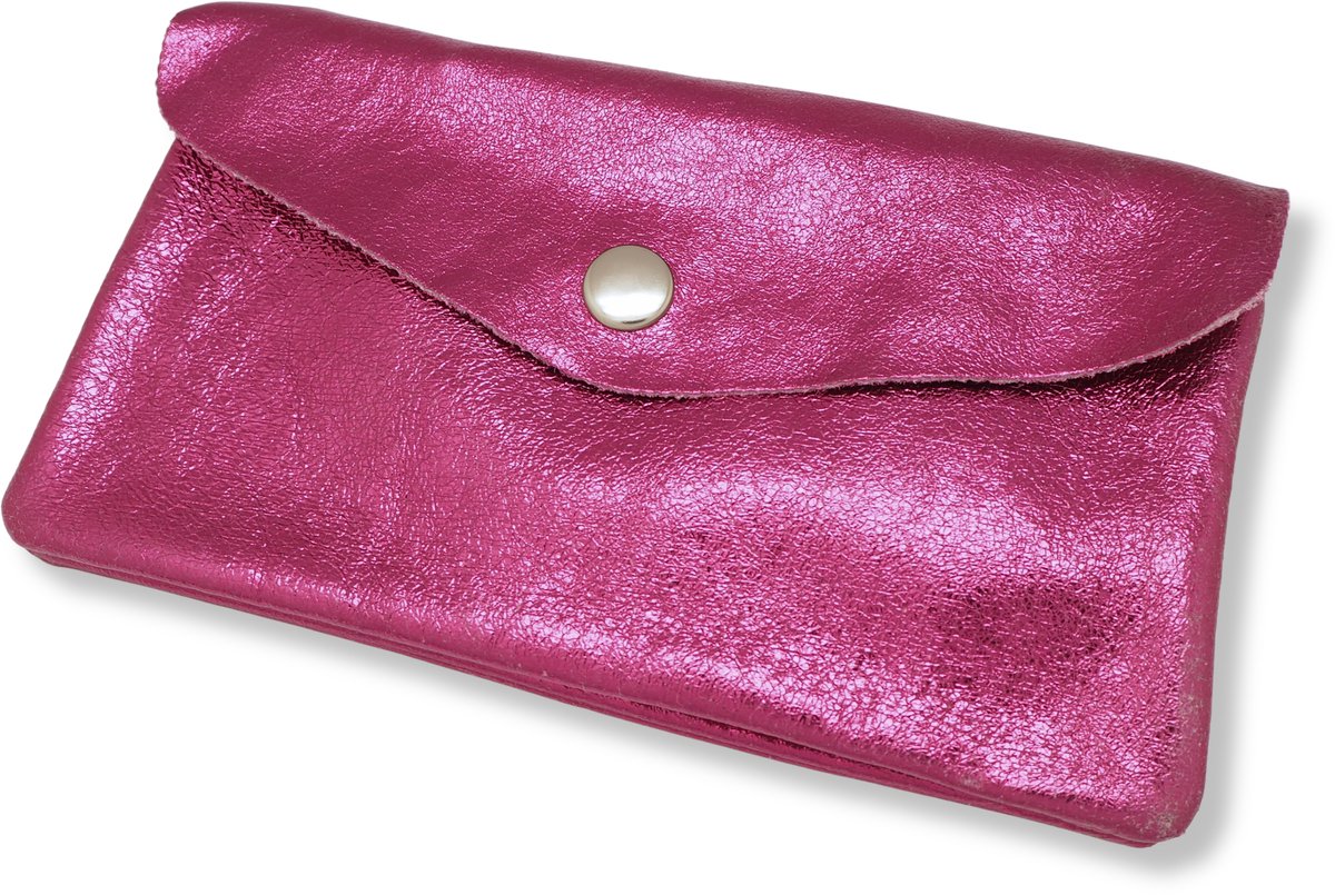 Bijoutheek Portemonnee Leer Italiaans Groot Metallic Fuchsia