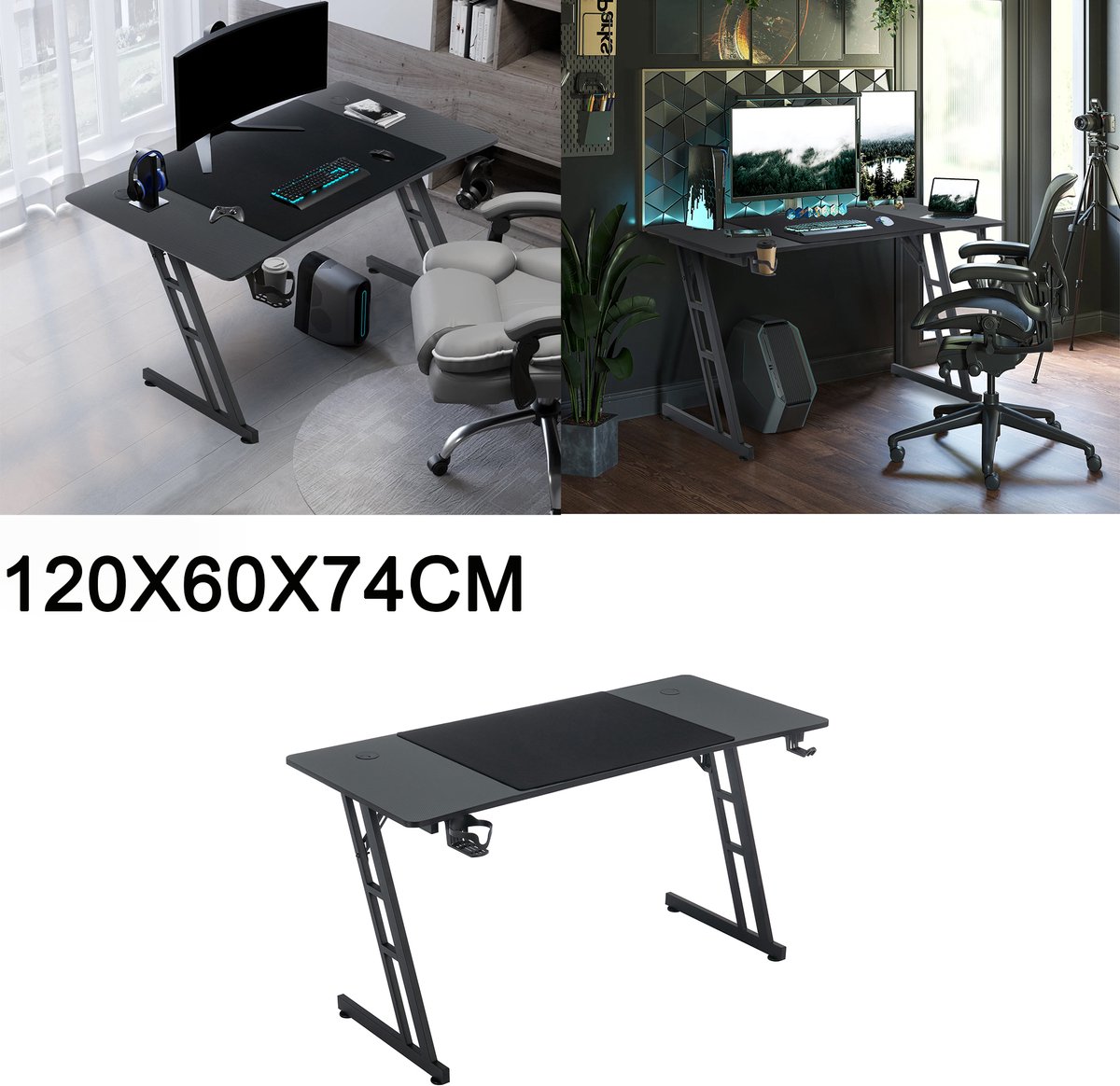 Gaming Bureau 120 X 60 CM - Carbon Look Bureaublad met Z-Frame - Computerbureau voor Gaming & Thuiswerken