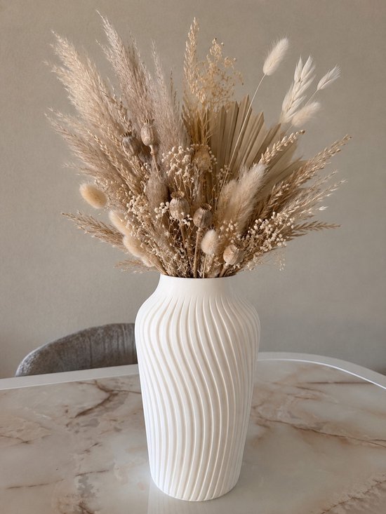 Witte Design Vaas 30 cm - Decoratieve Vaas voor Droogbloemen en Kunstbloemen - 3D-Geprint Geribbeld Design - Moderne Woondecoratie