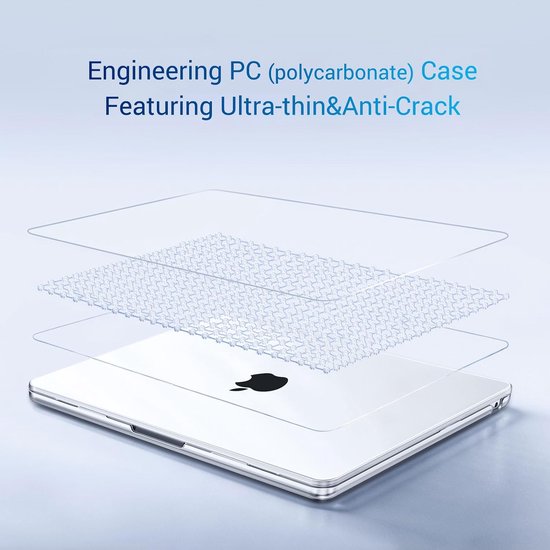 Vue éclatée d'une housse d'ordinateur portable transparente avec une grille perforée, posée sur un ordinateur portable argenté.