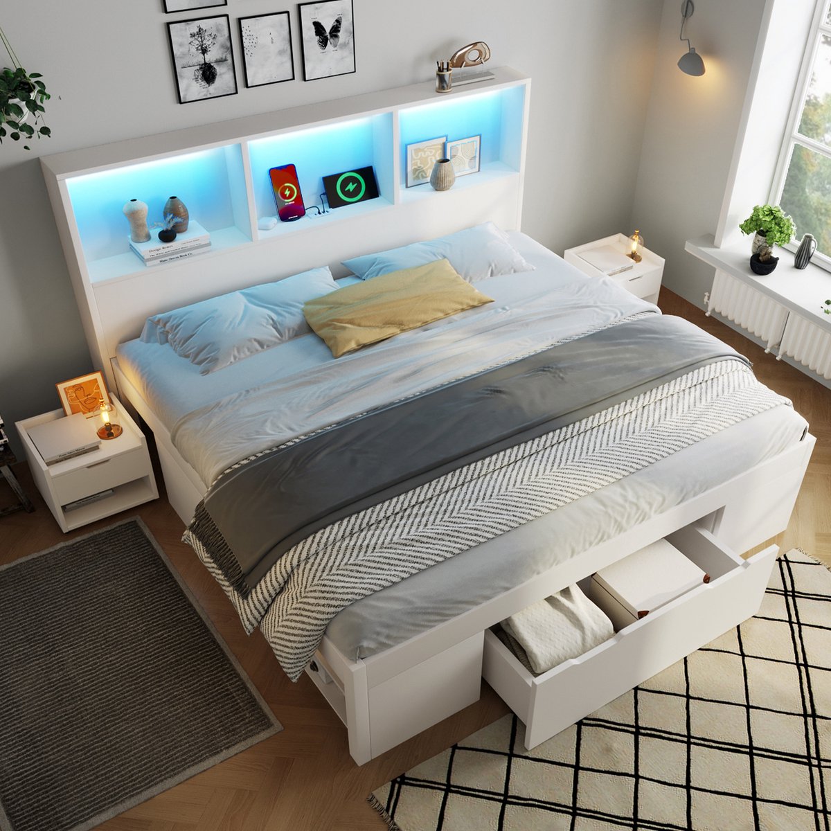 STILVORA Bed 140x200 cm – Bed met Opbergruimte, 2 Verplaatsbare Nachtkastjes, LED Verlichting en Oplaadfunctie – Hout – Wit – Zonder Matras
