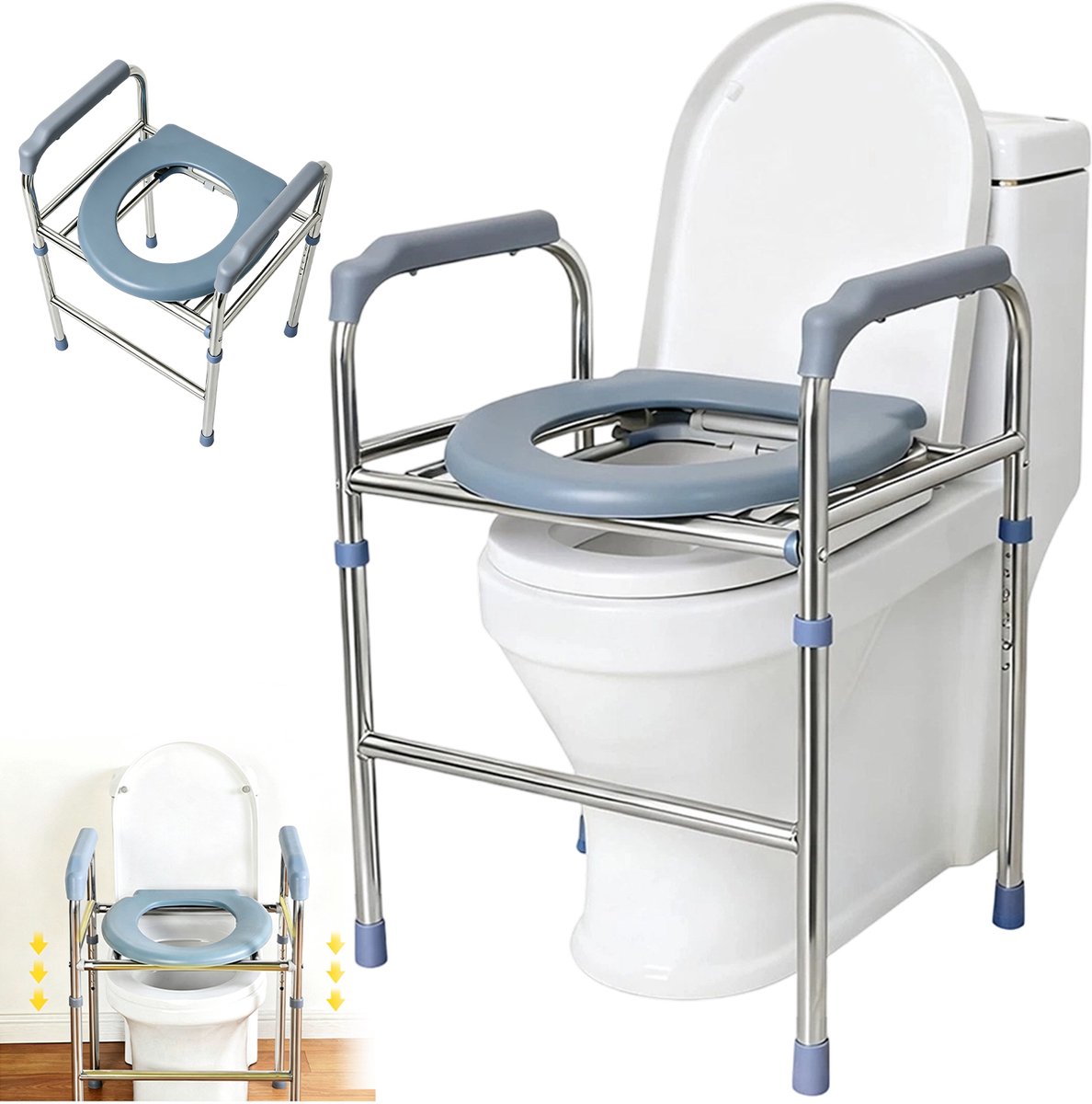 Verhoogd Toiletframe - Verstelbare Toiletverhoger met Armsteunen - Ruim Zitoppervlak - Zithoogte 48–58 cm - Armsteunen 64–74 cm - Stabiel Stalen Frame tot 100 kg - Voor Ouderen en Personen met Beperkte Mobiliteit