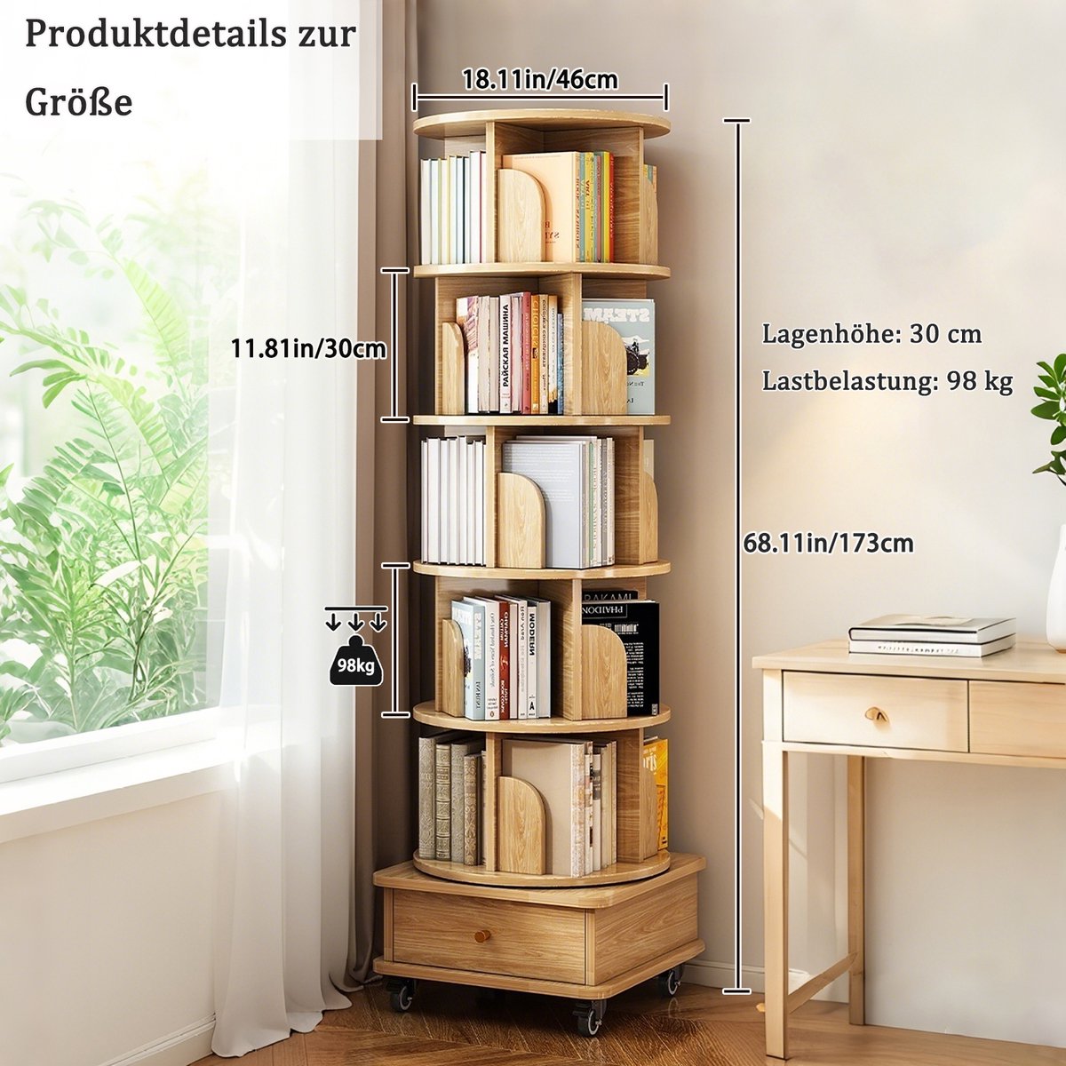 OKWISH Boekenkast Draaibaar – 58 x 56 x 29 cm – MDF – Houtkleur – Met Lade En Wielen – Ronde Open Opbergkast Voor Kleine Ruimtes