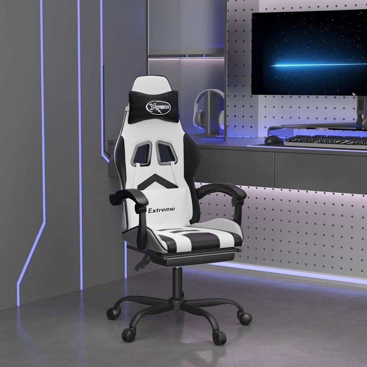 vidaXL Gamestoel - met - voetensteun - kunstleer - wit - en - zwart wit en zwart