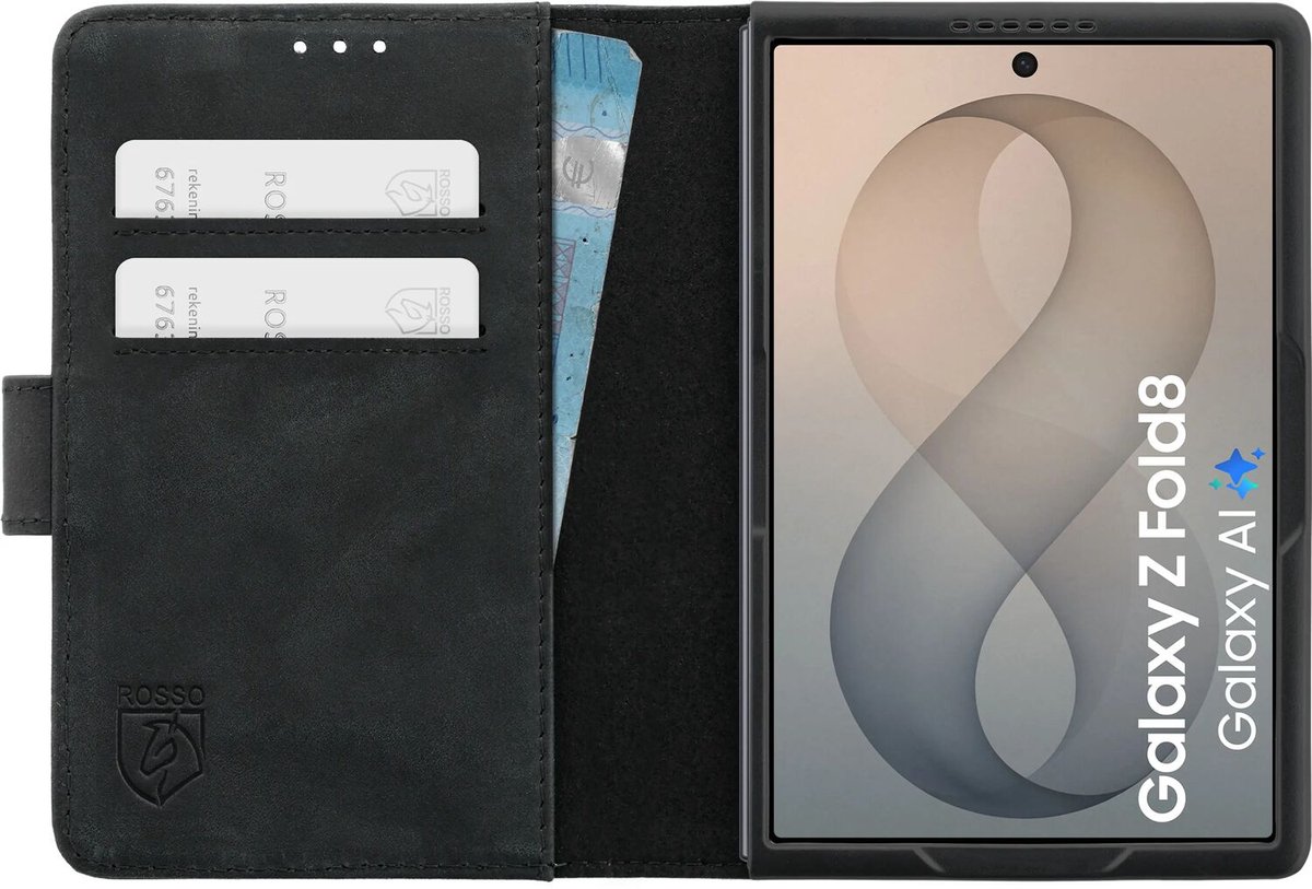 Rosso Deluxe Echt Leer Hoesje Geschikt voor Samsung Galaxy Z Fold 8 | Ruimte voor drie pasjes | Portemonnee Book Case | Met Pasjeshouder | Zwart
