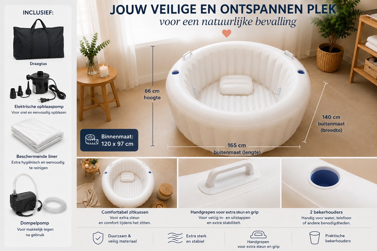 Kopen: bevalbad inclusief accessoires - thuisbevalling - opblaasbaar geboortebad 165 x 140 x 66 cm